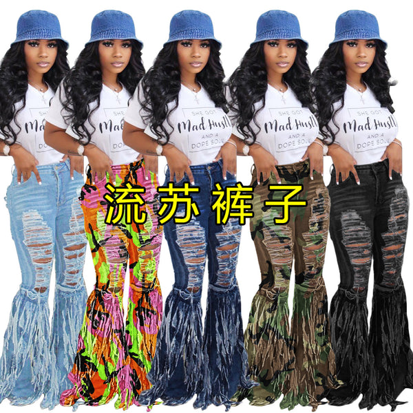 S3840 Cross-border wholesale European and American fringed polished denim shorts women's jeans casual flared pants