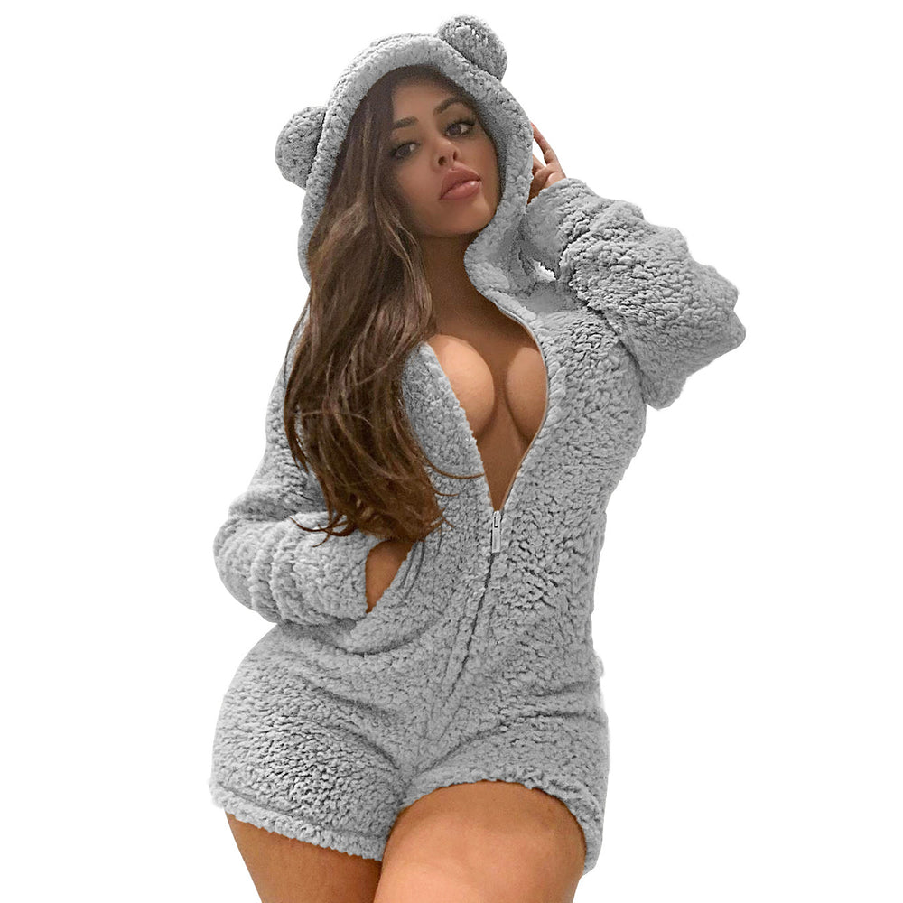 European and american winter women's sexy fleece-lined thickened hooded jumpsuit - hot selling cross-border e-commerce item