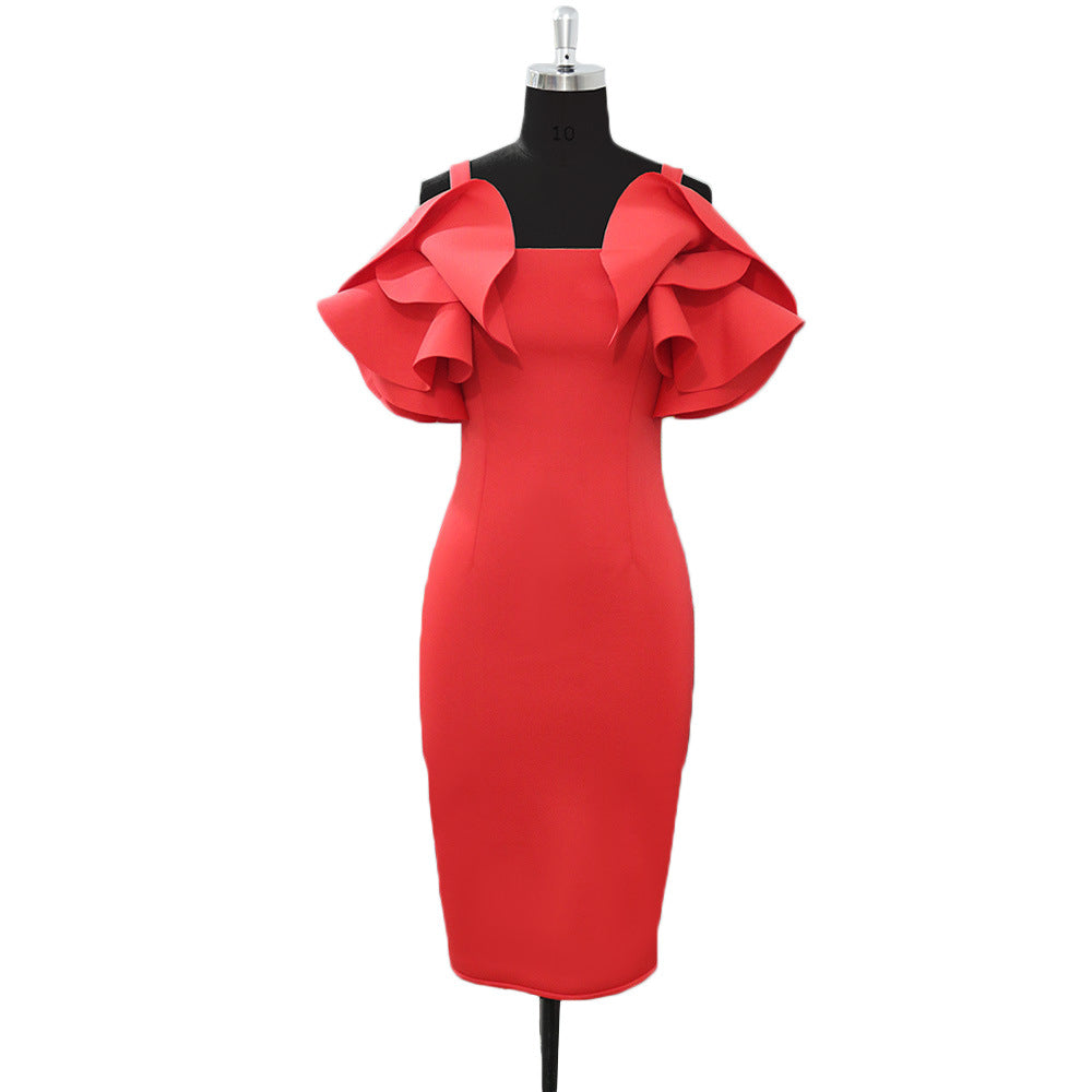 Sexy suspender ruffle edge elegant slim fit high waist hip wrap slim large size, women's dress dress