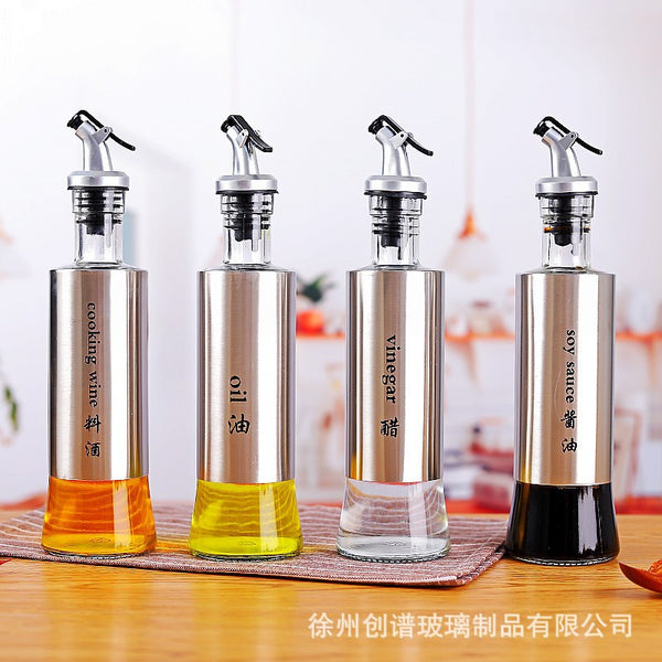 Wholesale glass oil pot household stainless steel soy sauce vinegar bottle seasoning bottle set kitchen supplies oil control glass bottle