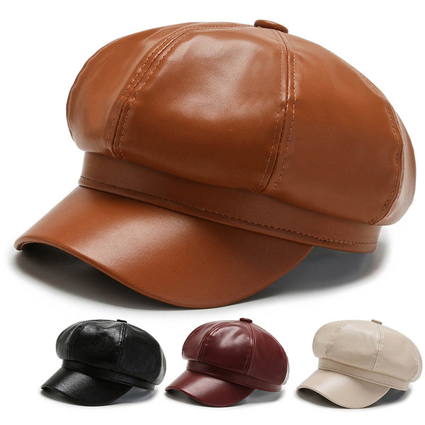 Autumn and winter trend PU leather octagonal hat beret outdoor windproof warm sun hat fashion casual cap