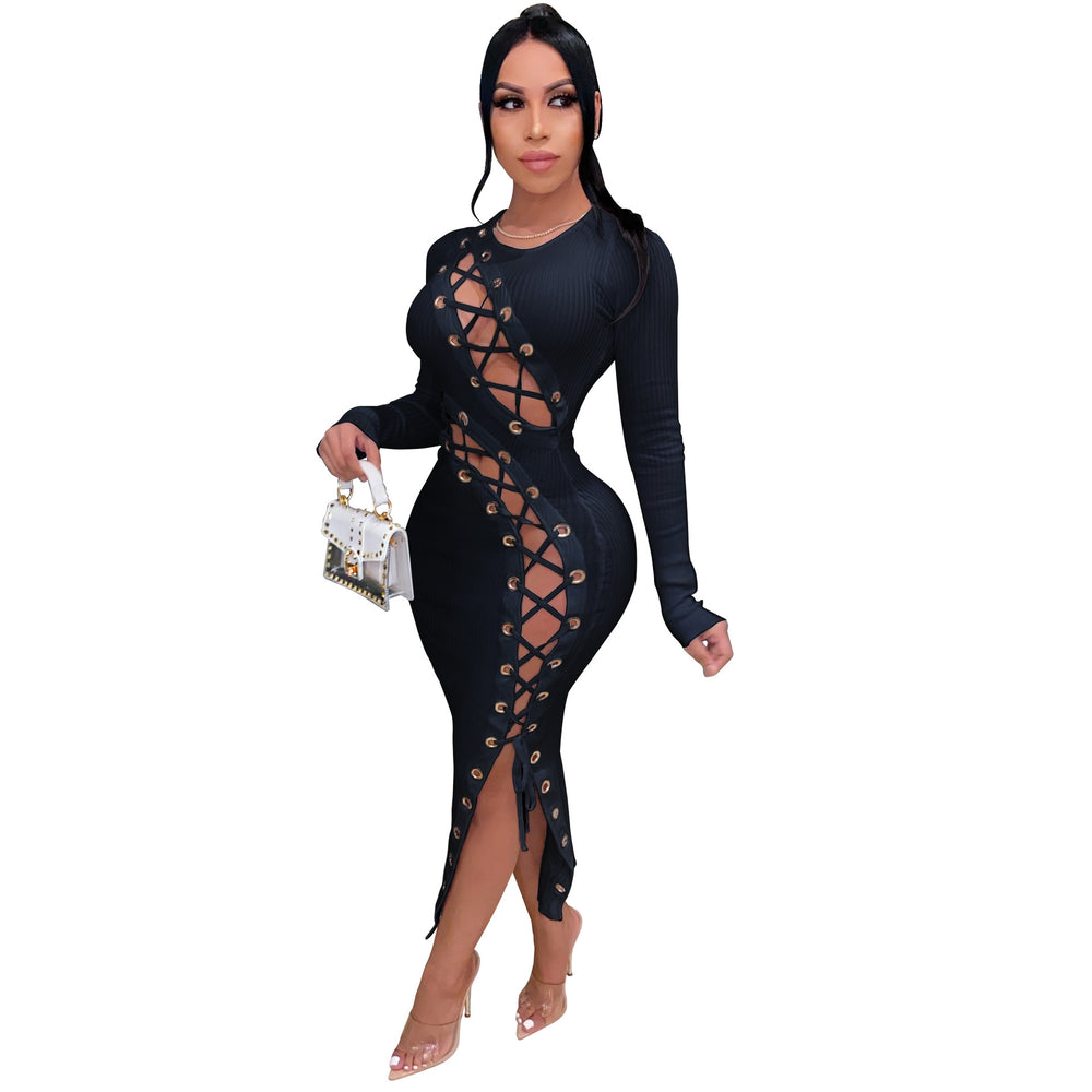 Amazon  european and american women's winter long dress sexy slim fit tie-up hollow-out high elasticity ribbed dress