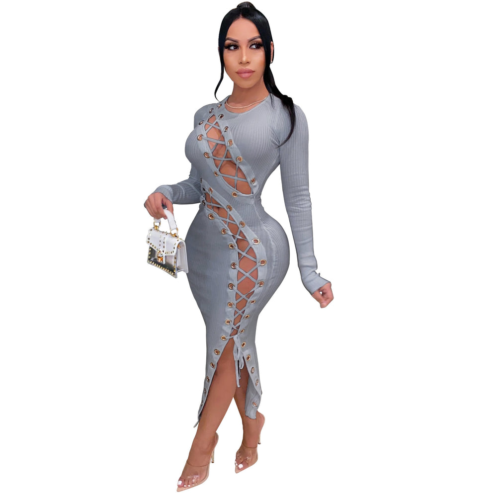 Amazon  european and american women's winter long dress sexy slim fit tie-up hollow-out high elasticity ribbed dress