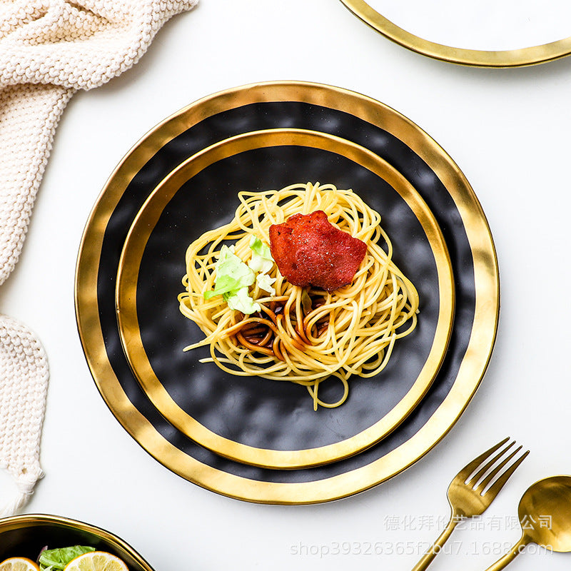 Ins ceramic plate gold rim western food plate household fruit porcelain plate scandinavian bowl plate tableware suit plate black gold