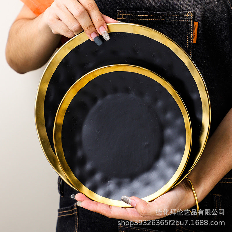 Ins ceramic plate gold rim western food plate household fruit porcelain plate scandinavian bowl plate tableware suit plate black gold