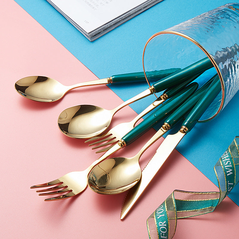 Amazon ceramic nordic light luxury ceramic stainless steel cutlery set - dark green steak knife, fork, and spoon