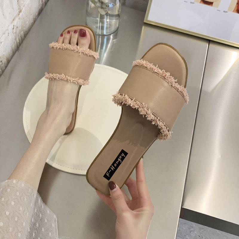 2020 summer new cool slippers women's Korean version flat-bottomed fashion outer wear one-word tassel cool slippers