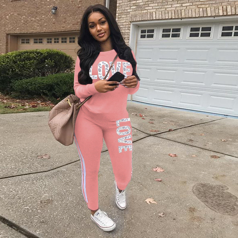 S38555 cross-border wholesale european and american women's clothing casual fashion letter printing [thickened] sports suit for women