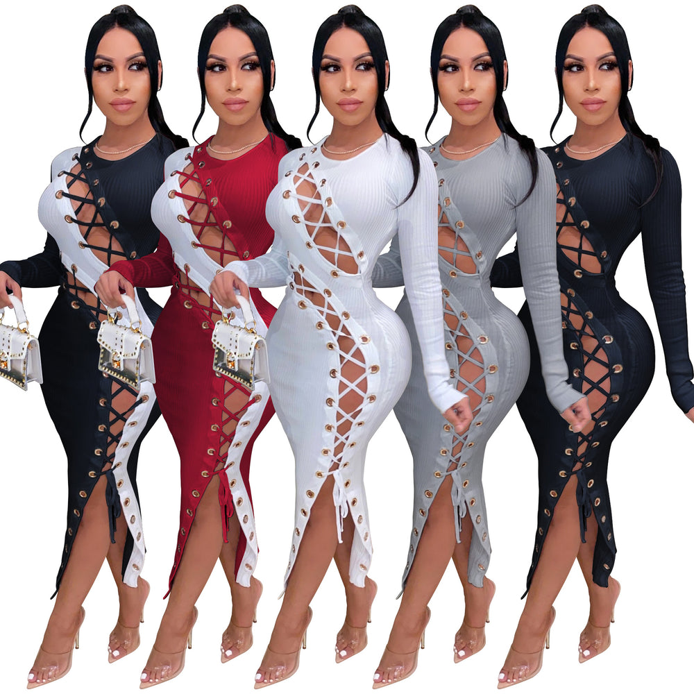 Amazon  european and american women's winter long dress sexy slim fit tie-up hollow-out high elasticity ribbed dress