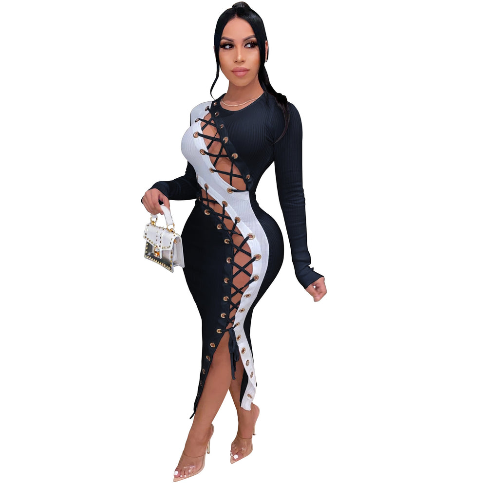 Amazon  european and american women's winter long dress sexy slim fit tie-up hollow-out high elasticity ribbed dress