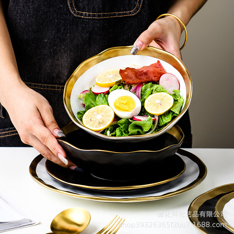 Ins ceramic plate gold rim western food plate household fruit porcelain plate scandinavian bowl plate tableware suit plate black gold