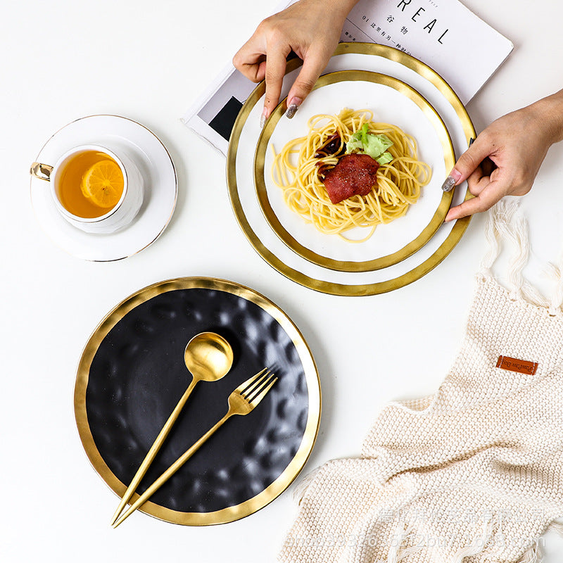 Ins ceramic plate gold rim western food plate household fruit porcelain plate scandinavian bowl plate tableware suit plate black gold