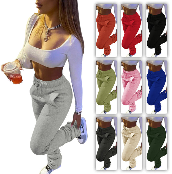 HR8139 European and American women's clothing, thickened sweater fabric, sports and leisure drawstring stacking pants, with pockets