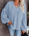 fall/winter new arrivals: 's latest european and american fashion women's loose v-neck knit top with lantern sleeves