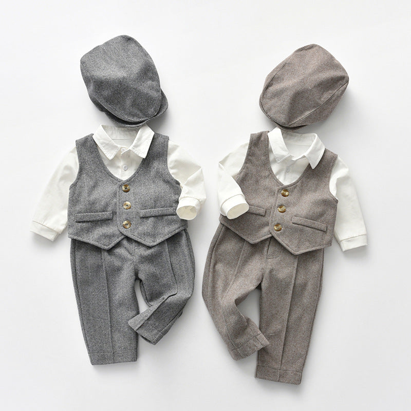 Children's spring outfit set: korean style long-sleeved gentleman's suit for boys, first birthday party dress, export quality, toddler and child sizes, class a