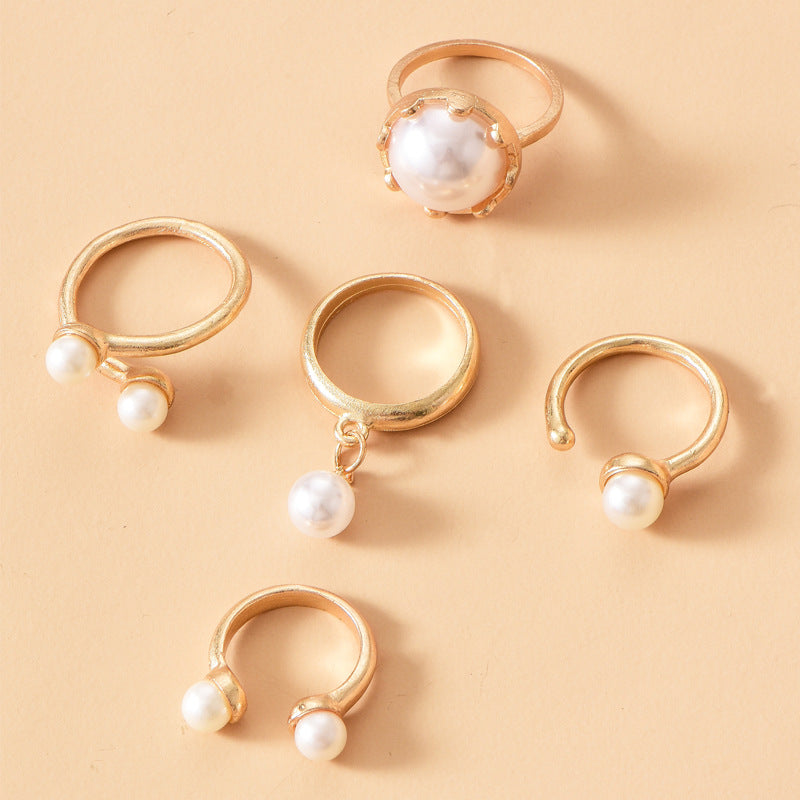 Pearl ring set wholesale - european & american cross-border fashion jewelry - smooth joint ring - versatile open-ended gold-plated finger ring for women