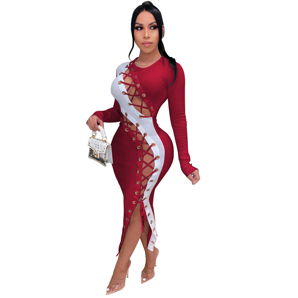 Amazon  european and american women's winter long dress sexy slim fit tie-up hollow-out high elasticity ribbed dress