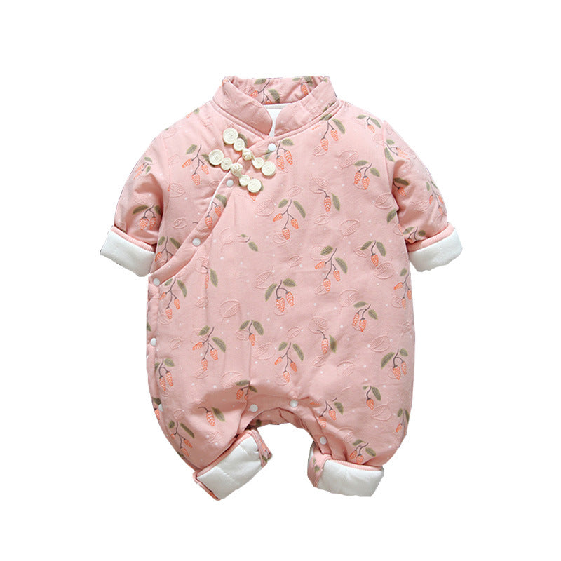 Newborn baby girl chinese style one-piece romper, winter style infant princess cheongsam, super cute crawling suit
