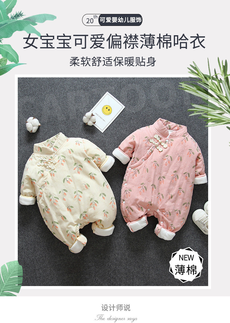 Newborn baby girl chinese style one-piece romper, winter style infant princess cheongsam, super cute crawling suit
