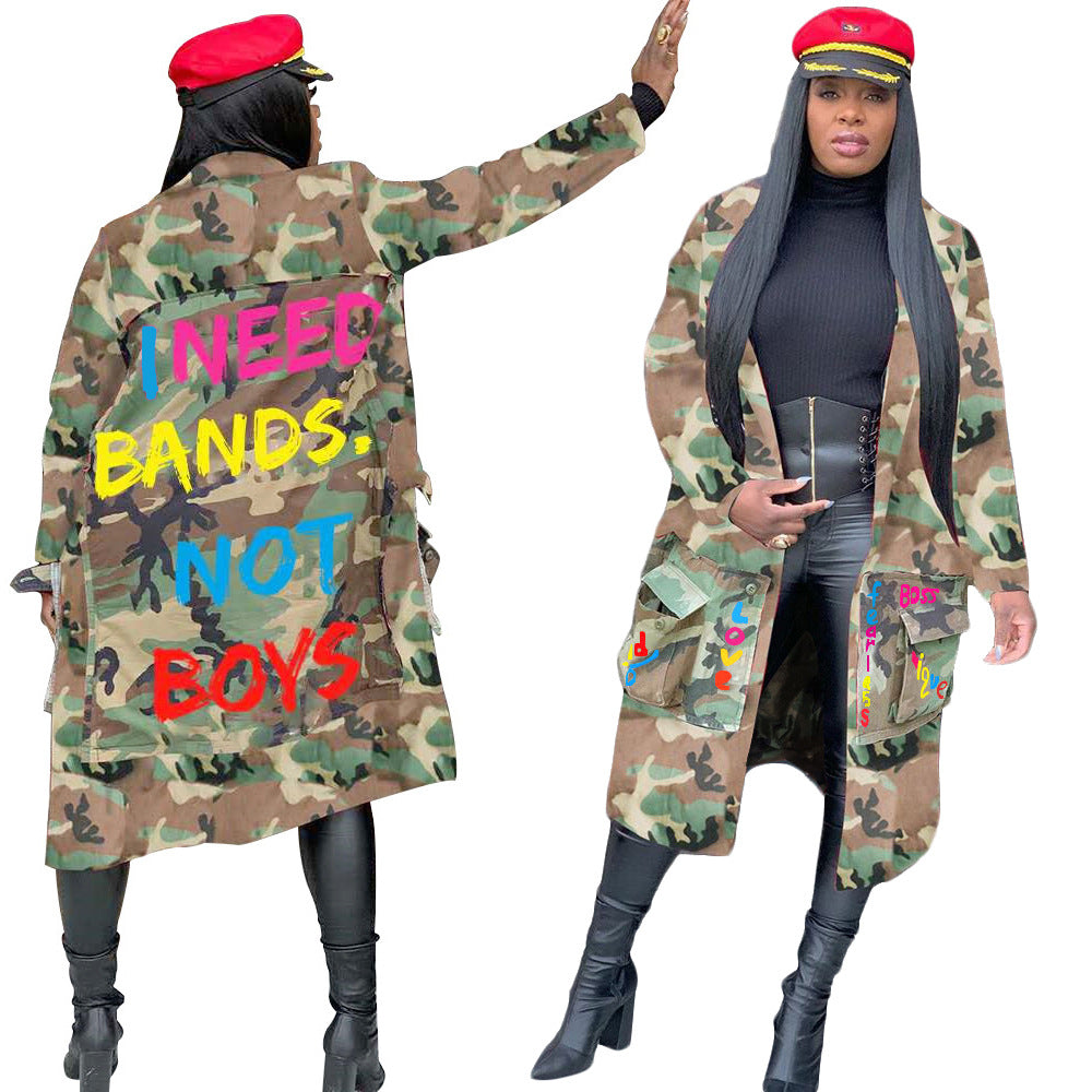 S3726 european and american style long casual fashion camouflage print patchwork jacket for women