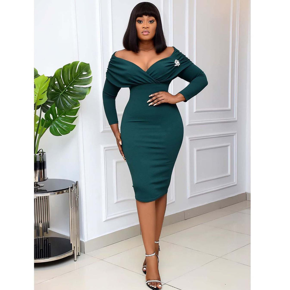 D095c  independent station autumn new cross-border african women's clothing large size v neck pleated long sleeves fashion dress