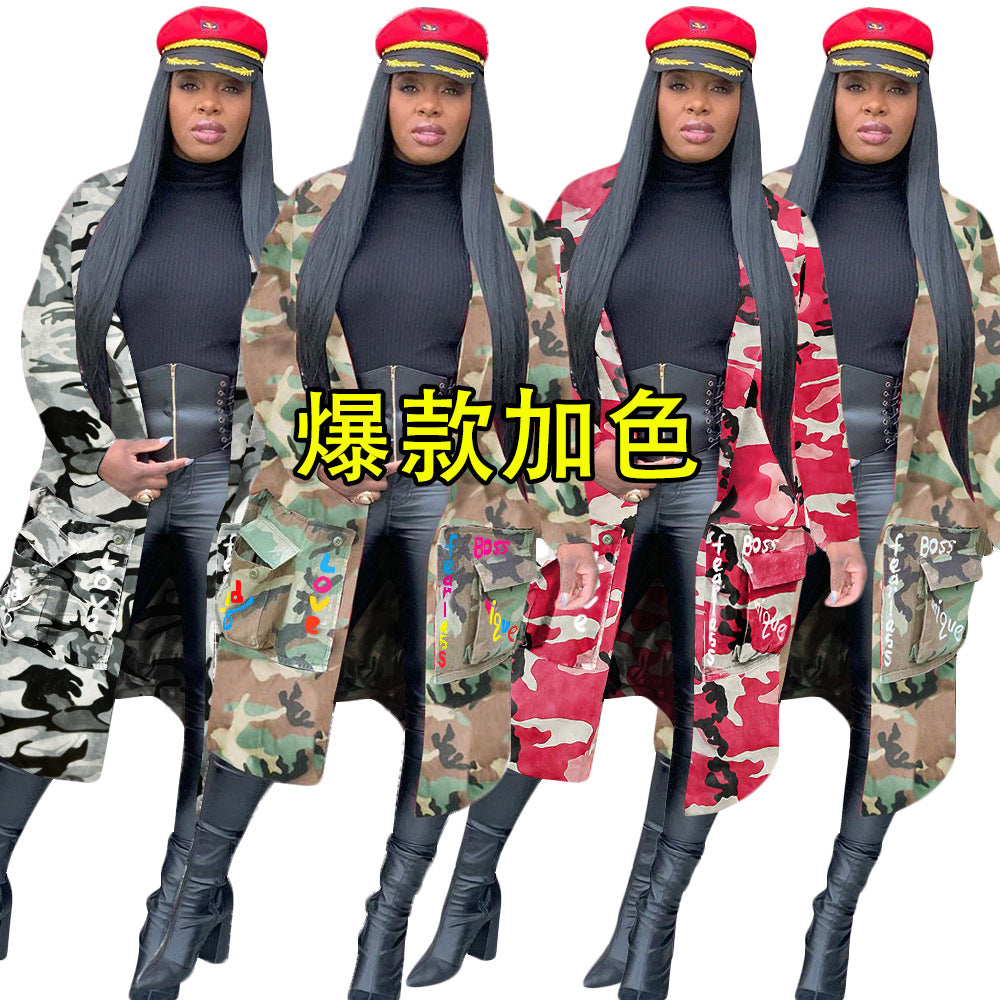 S3726 european and american style long casual fashion camouflage print patchwork jacket for women