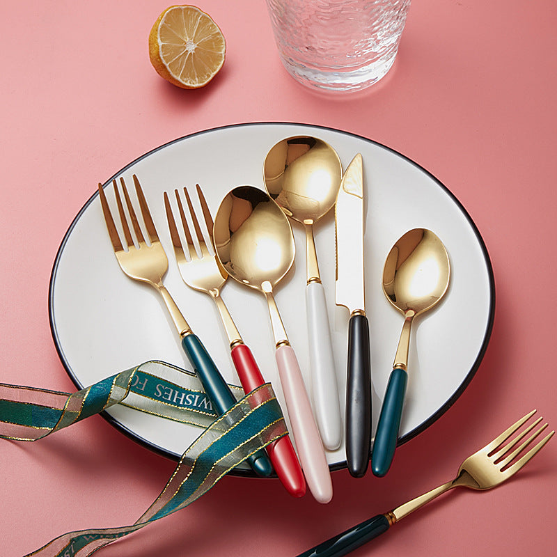 Amazon stainless steel cutlery set - knife, fork, and spoon - western dinnerware, steak knife, fork, and spoon with ceramic handles, fruit fork - logo customization available