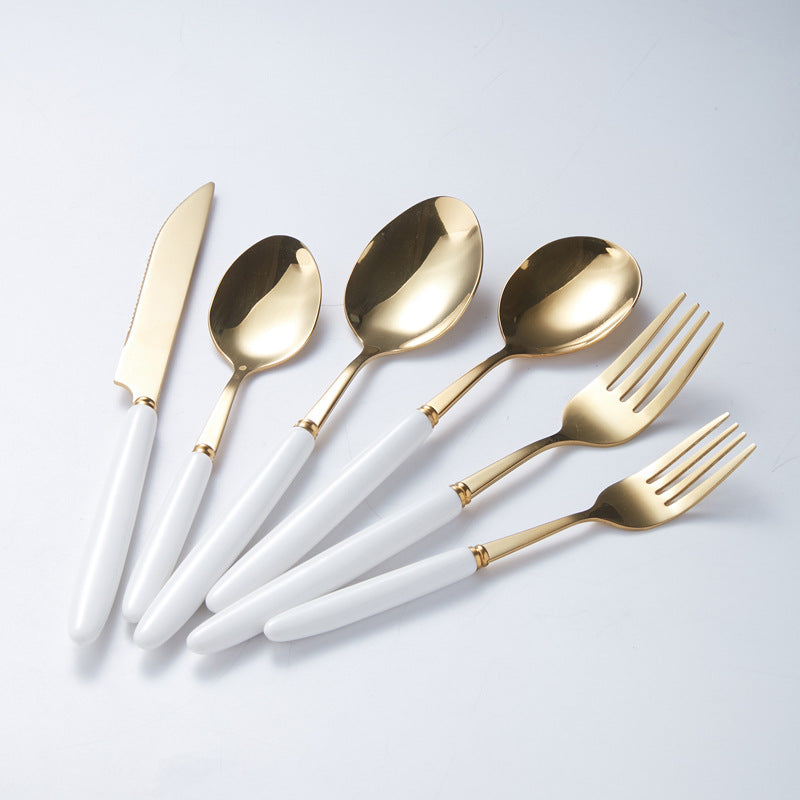 Amazon stainless steel cutlery set - knife, fork, and spoon - western dinnerware, steak knife, fork, and spoon with ceramic handles, fruit fork - logo customization available