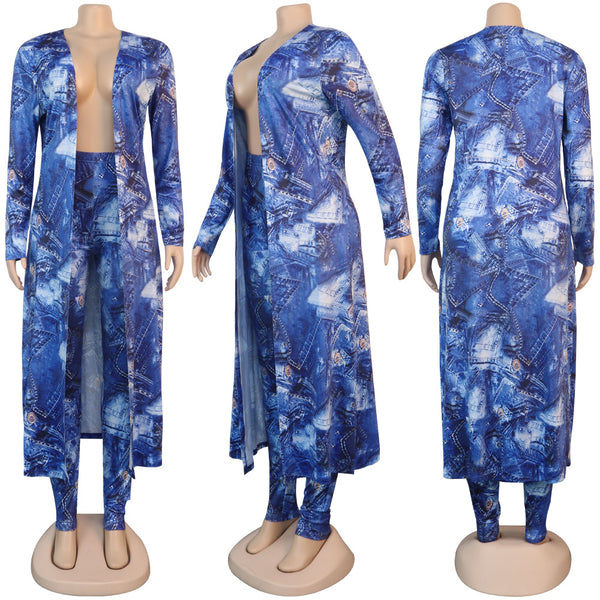 8933 hot sale, European and American sexy printed cardigan jacket with long sleeves, two-piece nightclub clothes.