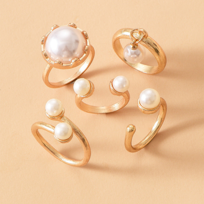 Pearl ring set wholesale - european & american cross-border fashion jewelry - smooth joint ring - versatile open-ended gold-plated finger ring for women