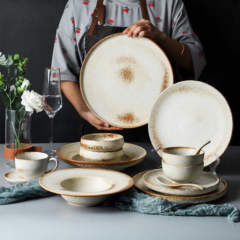 Japanese retro dinnerware set - vintage bowls and plates for home use - ceramic light luxury trendy cups and saucers - factory wholesale