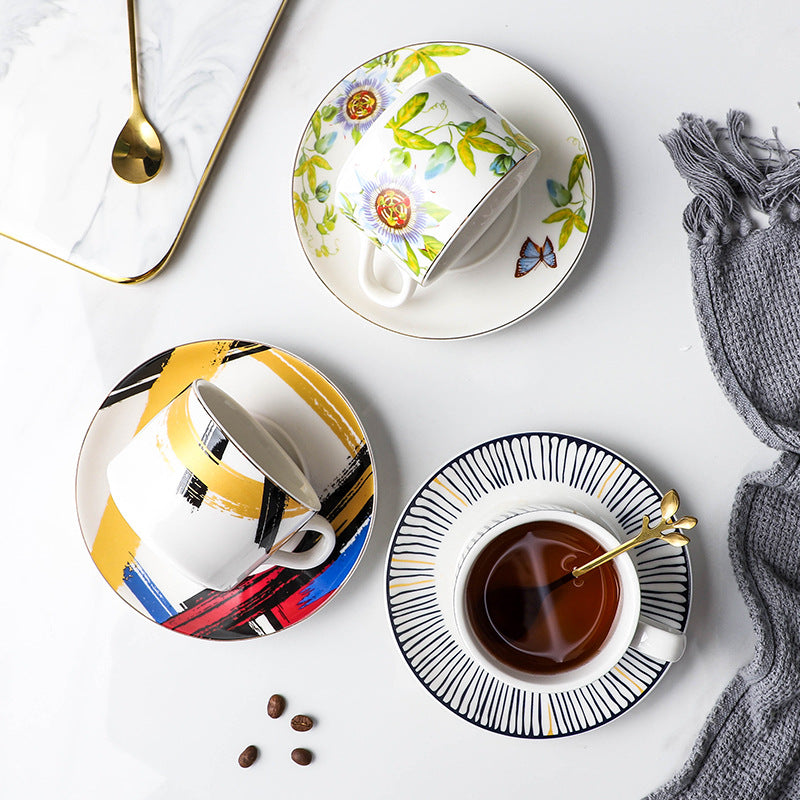 Coffee cup and saucer set with spoon, iron stand, ceramic creative office coffee cup and saucer set, restaurant afternoon tea tableware, nordic style
