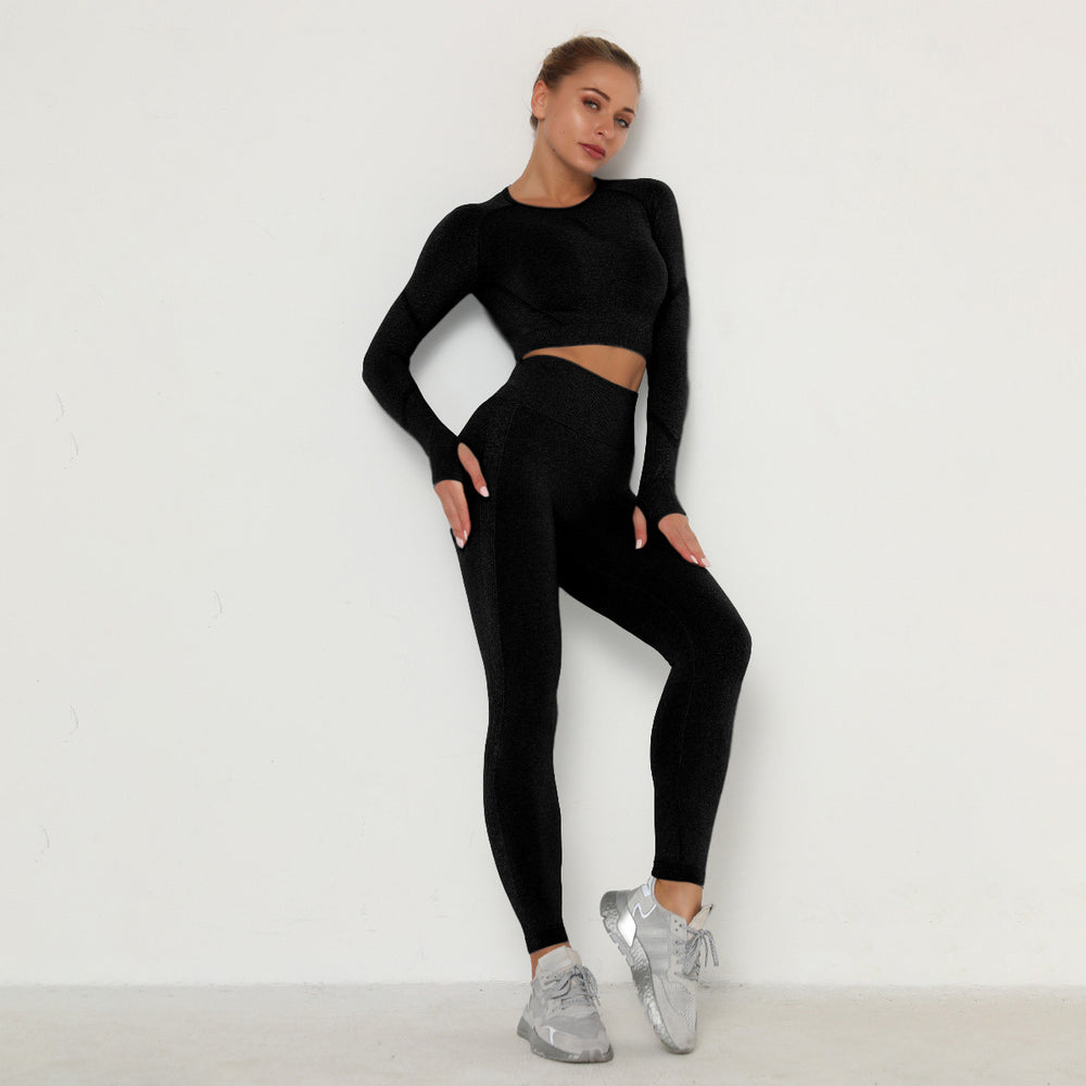 European and american style ruched seamless yoga set for women - high waist peach lift tight workout long sleeve fitness yoga pants two-piece set