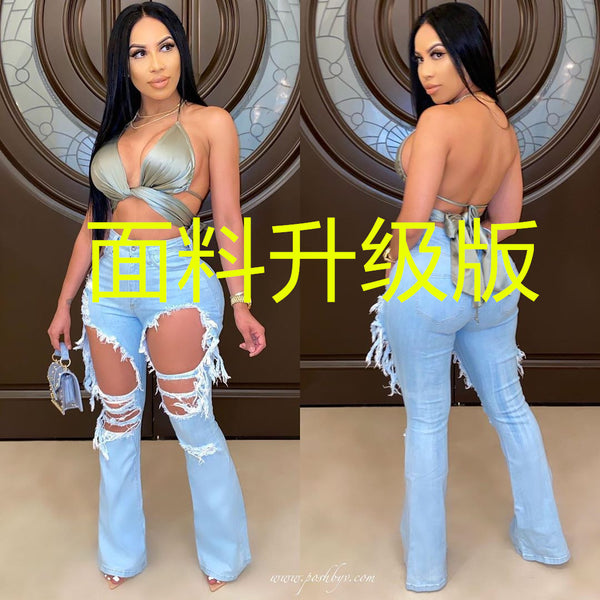 Y5165-1 , independent station, hot sale in Europe and the United States, hole washing, elastic, horn jeans