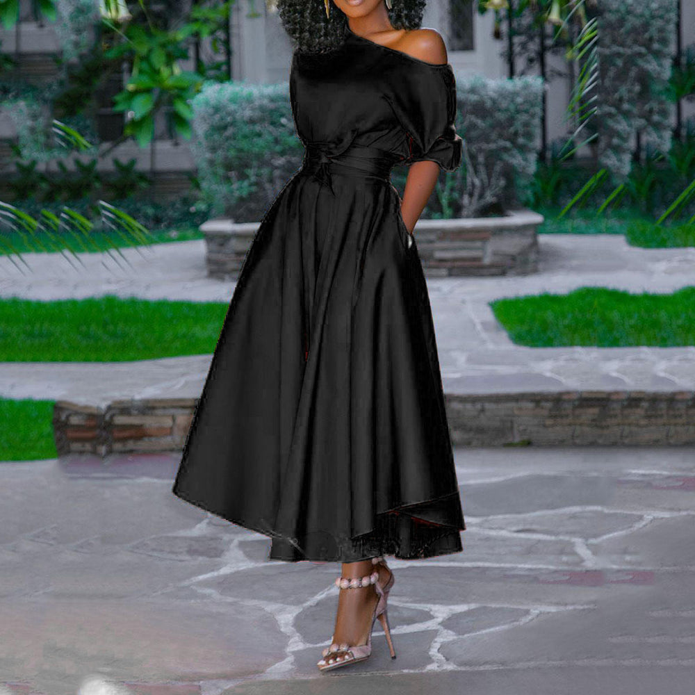 summer new cross-border e-commerce  european and american style women's one-shoulder tie-waist midi dress/midi skirt