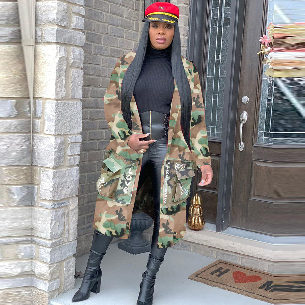 S3726 european and american style long casual fashion camouflage print patchwork jacket for women
