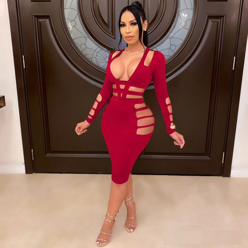 Autumn new arrivals: hot-selling european and american cross-border women's fashion -  style sexy ripped solid color butt-lifting long sleeve dress