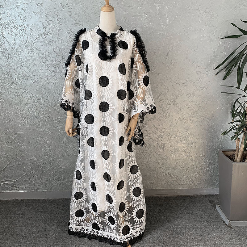 supply black and white embroidered flowers laceloose mesh lace retro buckle bell sleeve long skirt big sale
