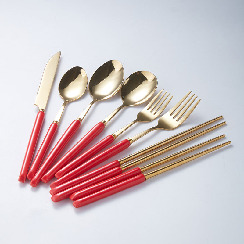 Amazon nordic light luxury ceramic stainless steel cutlery set - knives, forks, spoons, chopsticks - western tableware, steak knife and fork set - wholesale