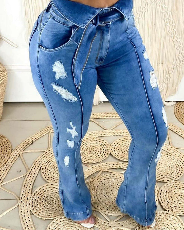 Y5175  Europe and the United States hot sale fashion versatile washed ripped horn jeans