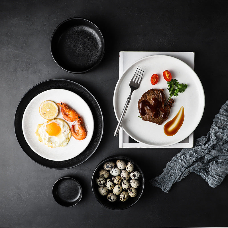 Western-style tableware suit bowls and plates for home black frosted steak plate retro scandinavian bowls and plates ceramic double-ear bowl