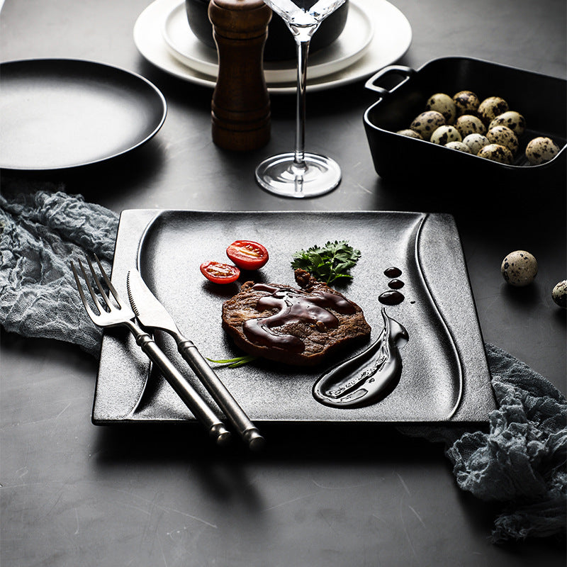 Western-style tableware suit bowls and plates for home black frosted steak plate retro scandinavian bowls and plates ceramic double-ear bowl