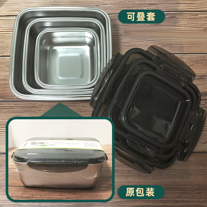 304 stainless steel food storage container set - square, 3-piece with lids - lunch box, refrigerator organizer, fruit sealer, bento box