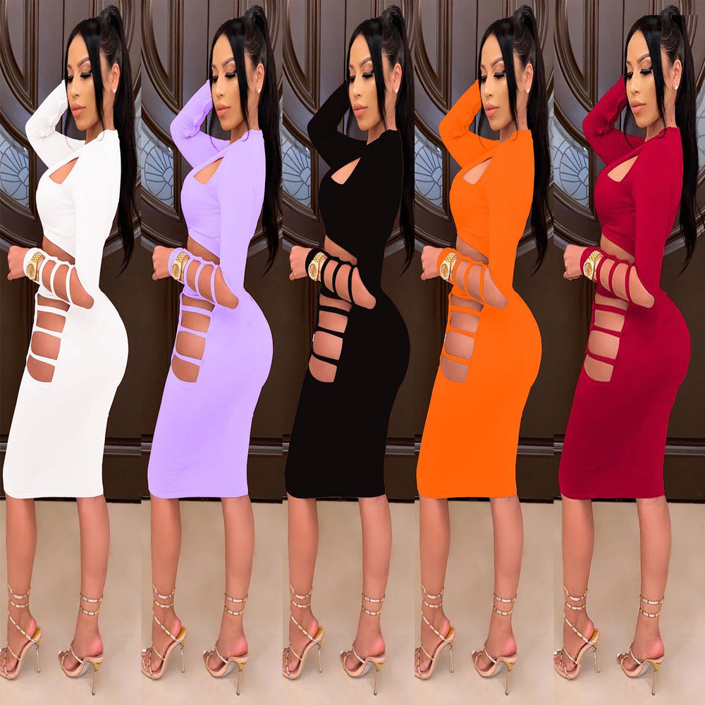 Autumn new arrivals: hot-selling european and american cross-border women's fashion -  style sexy ripped solid color butt-lifting long sleeve dress