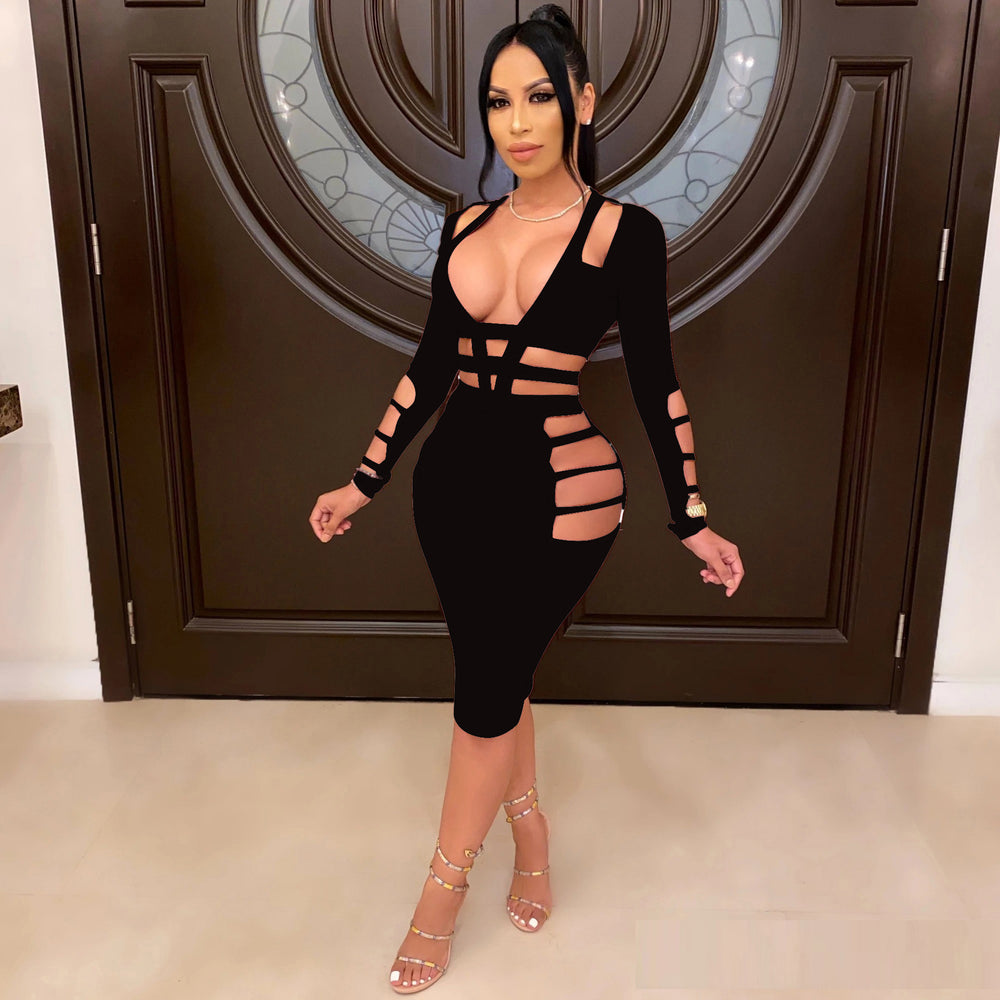 Autumn new arrivals: hot-selling european and american cross-border women's fashion -  style sexy ripped solid color butt-lifting long sleeve dress