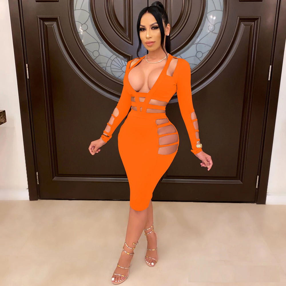 Autumn new arrivals: hot-selling european and american cross-border women's fashion -  style sexy ripped solid color butt-lifting long sleeve dress