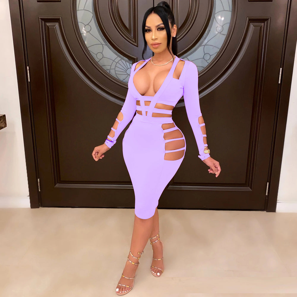 Autumn new arrivals: hot-selling european and american cross-border women's fashion -  style sexy ripped solid color butt-lifting long sleeve dress