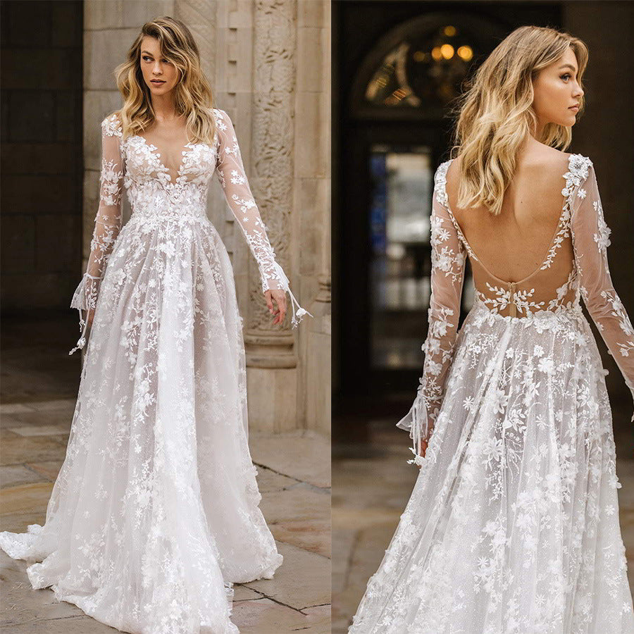 spring/summer new european and american style wedding dresses & evening gowns for cross-border e-commerce – -ready sexy lace long-sleeve dresses