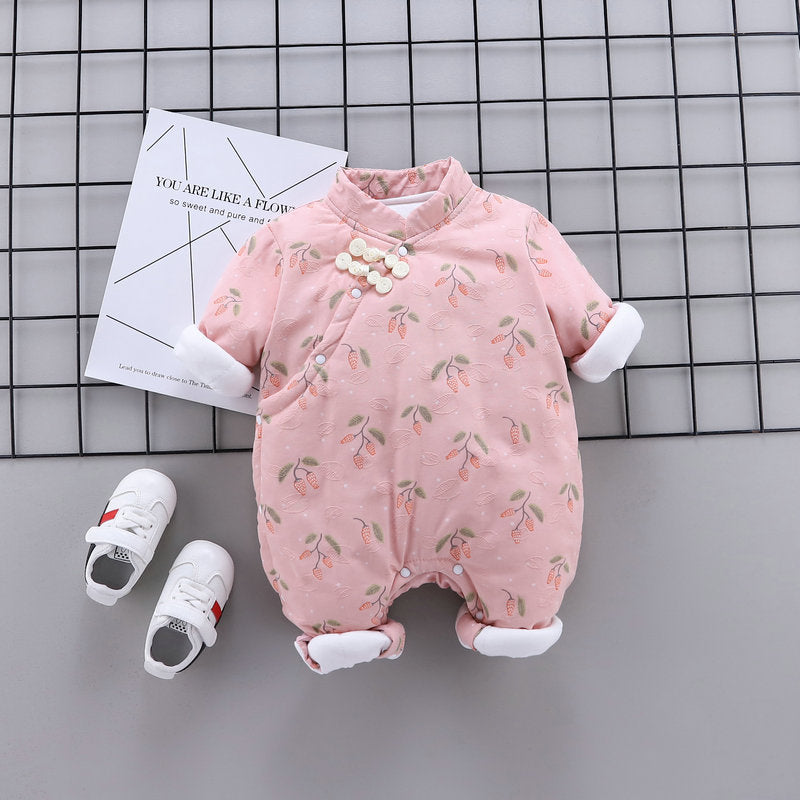 Newborn baby girl chinese style one-piece romper, winter style infant princess cheongsam, super cute crawling suit
