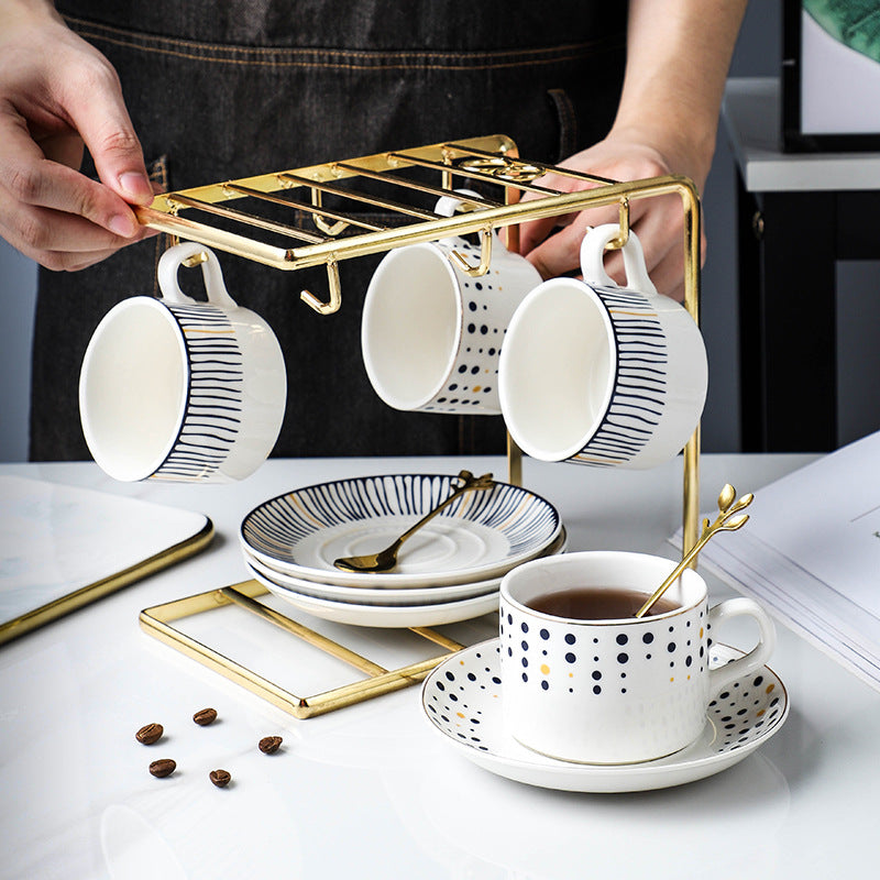 Coffee cup and saucer set with spoon, iron stand, ceramic creative office coffee cup and saucer set, restaurant afternoon tea tableware, nordic style